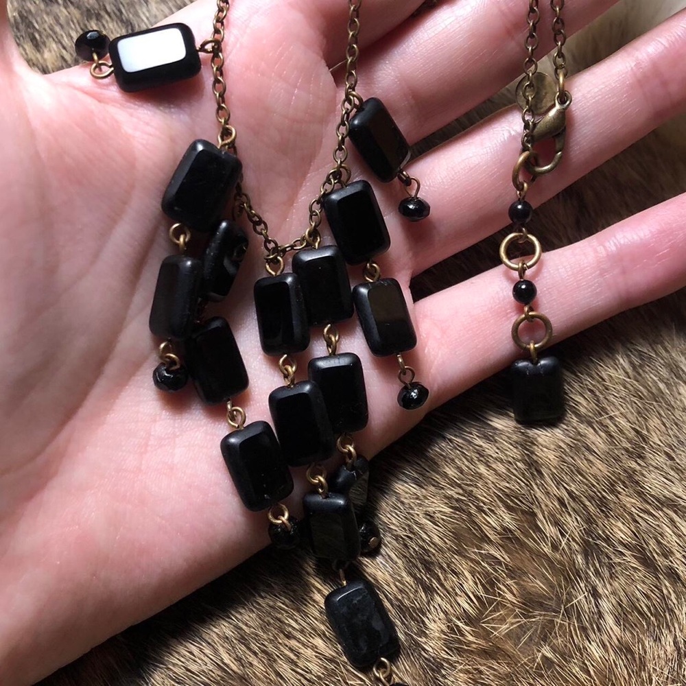 David Aubrey brass fringe black lucite square gradient bead necklace